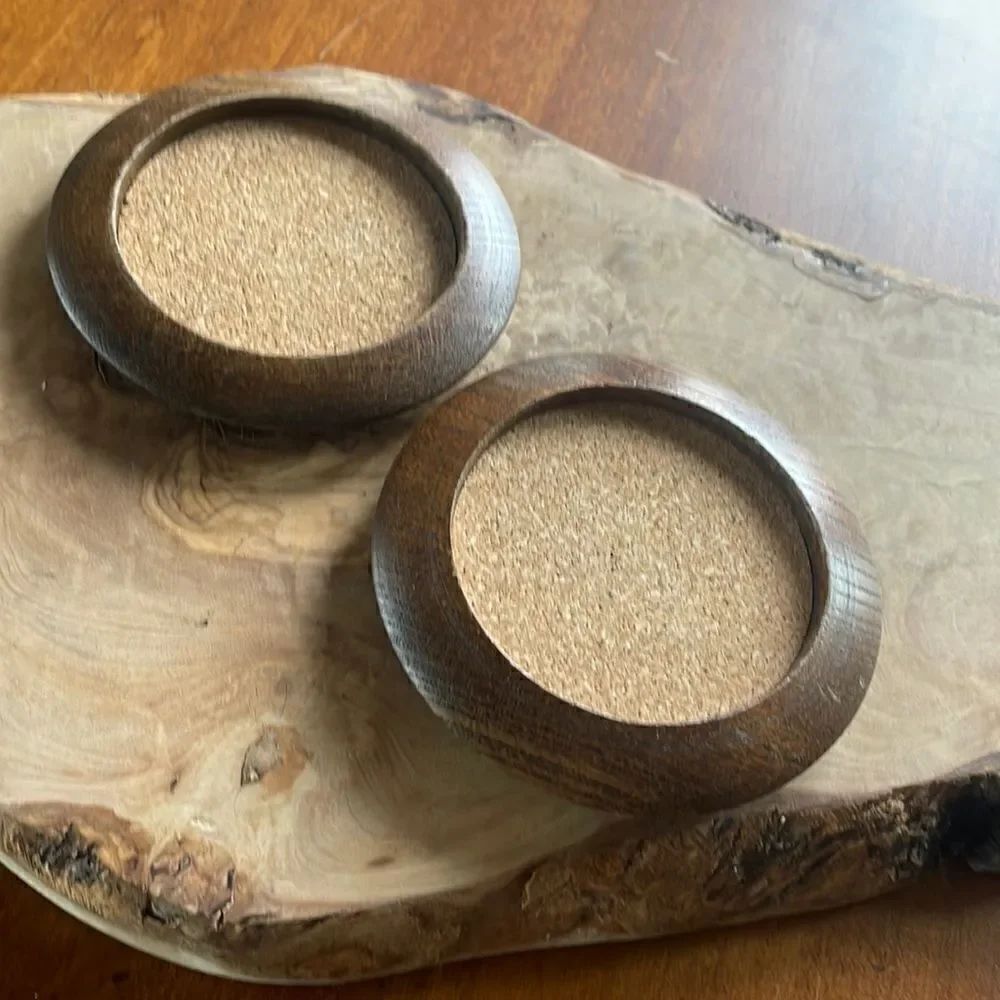Set of Two Vintage Mid Century Wood & Cork Coasters